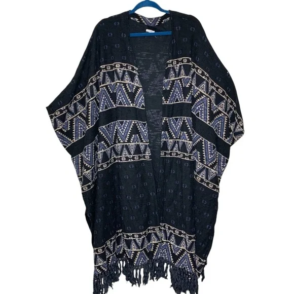 Ecote Free People Textured Bohemian Kimono Black Aztec Open Fringed Cardigan OS - Picture 2 of 11